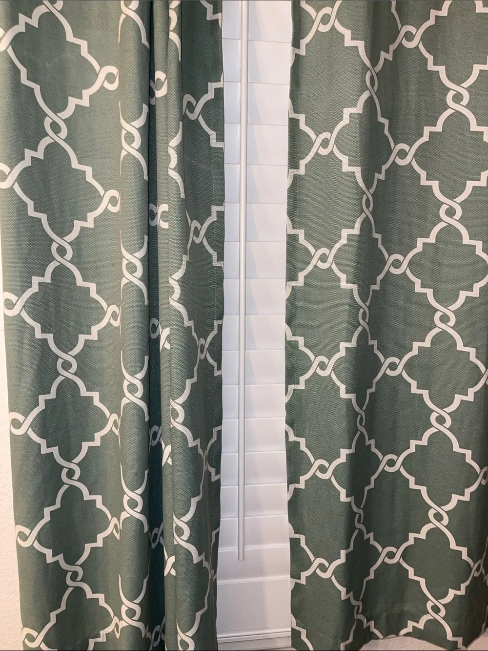Matching curtains and Teal Ceramic Mug Set with White Geometric Motif